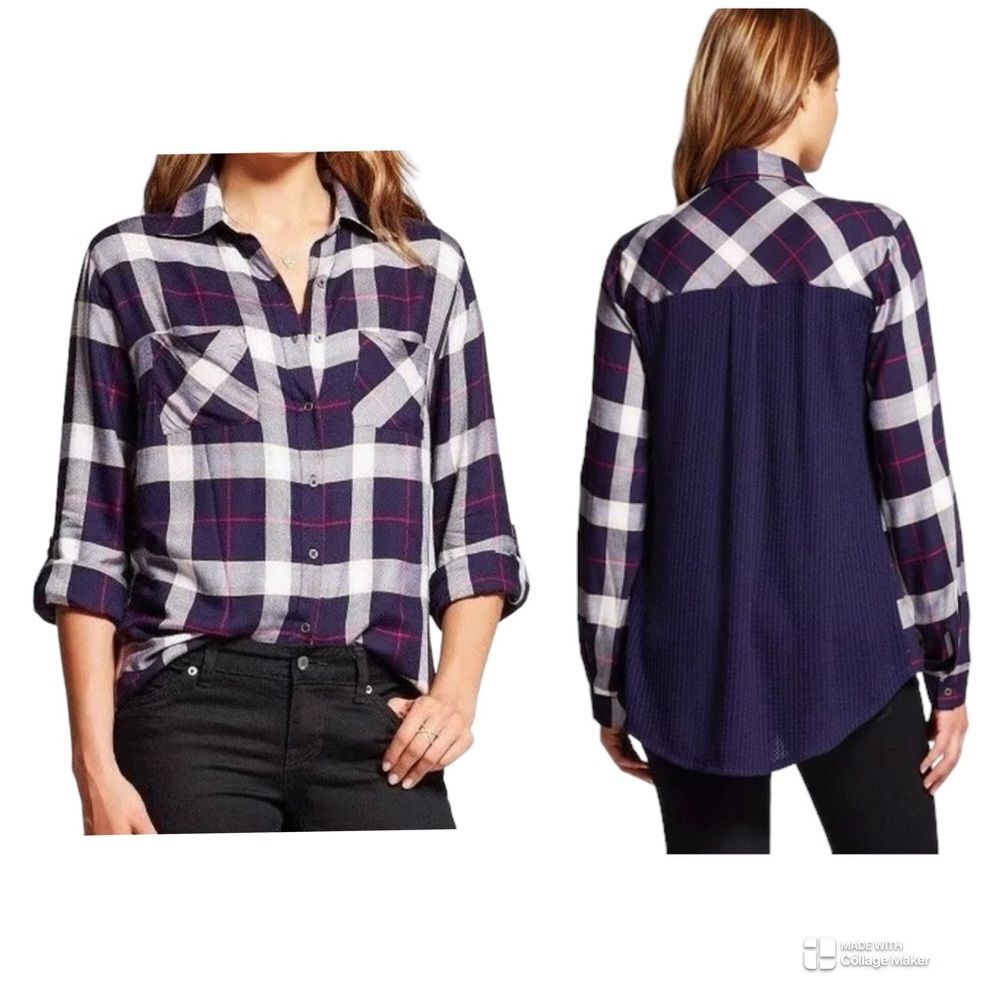 KNOX ROSE Lightweight Flannel Shirt Button-up Roll Tab Sleeve‎ Waffle Bac…